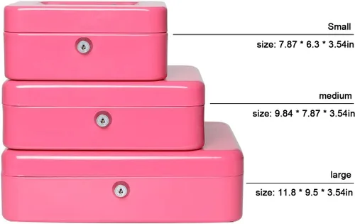 Miniatura 8 de Caja de dinero grande con bandeja de dinero y cerradura, caja de dinero de metal para efectivo, caja de seguridad de 11.8 x 9.5 x 3.54 pulgadas, rosa