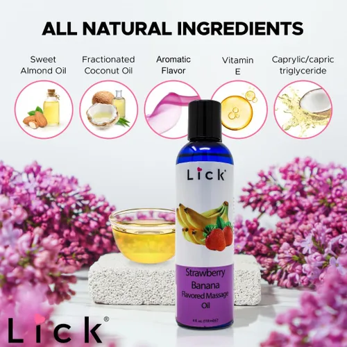 Miniatura 3 de Lick Aceite de masaje con sabor a fresa y plátano, aceite de masaje comestible de fruta dulce cremosa con vitamina E, deslizamiento suave y seguro