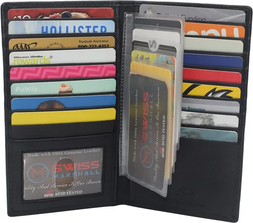 Miniatura 4 de RFID bloqueo doble cuero genuino tarjeta de crédito titular de identificación cartera larga, CN Negro, Bifold
