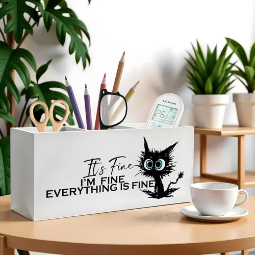 Miniatura 2 de Divertido soporte para lápices de gato negro para escritorio, I'm Fine Everything Is Fine - Organizador de lápices de madera para accesorios