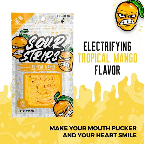 Miniatura 2 de SOUR STRIPS Dulces tropicales con sabor a mango Deliciosamente Chewy Belts - Caramelos vegetarianos, 12 por paquete, 2