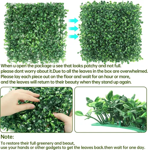 Miniatura 5 de Paneles de setos artificiales de boj de 10 x 10 pulgadas, 24 piezas de pantalla de privacidad de vegetación sintética, decoración de pared