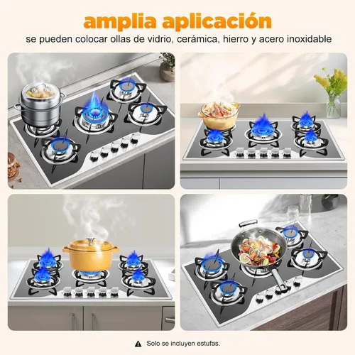 Miniatura 3 de Estufa de gas de 5 quemadores, encimera de acero inoxidable integrada de 30 pulgadas, encimera de acero inoxidable integrada con protección