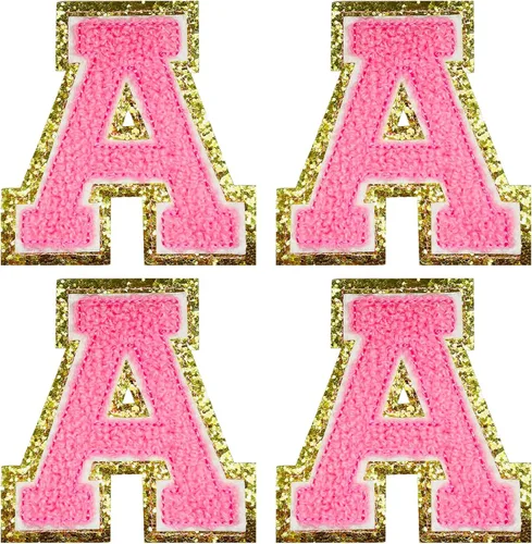 Jongdari Letras termo-adhesivas de felpilla para ropa, parches de letras del alfabeto con brillantina para coser, con adhesivo planchado, 4 Rosa