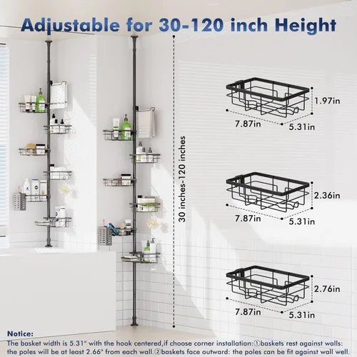 Miniatura 5 de Organizador de Caddy para Ducha con Poste de Tensión, Estante Esquinero de 6 Piezas Resistente al Óxido con Estante de Ducha Ajustable de 30-120