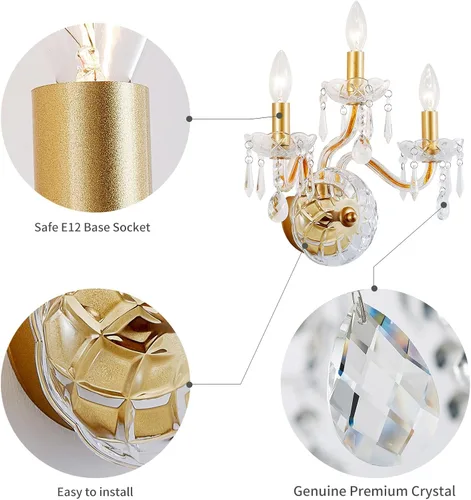 Miniatura 3 de WUZUPS Apliques de pared de 3 luces para dormitorio, sala de estar, baño, base E12, dorado