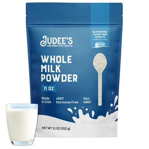 Judee's Gluten Free Leche entera en polvo – Leche en polvo cremosa instantánea para hornear panqueques y pan, mezcla estable para viajes y