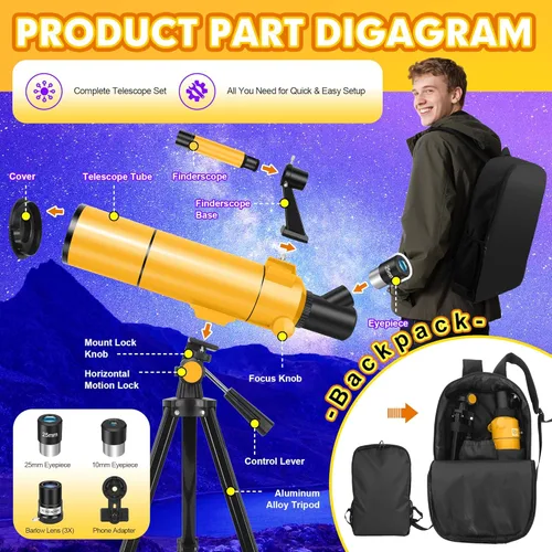 Miniatura 6 de MEEZAA Telescopio para adultos y niños, apertura de 80 mm, telescopio refractor portátil de 500 mm para principiantes de astronomía, telescopios