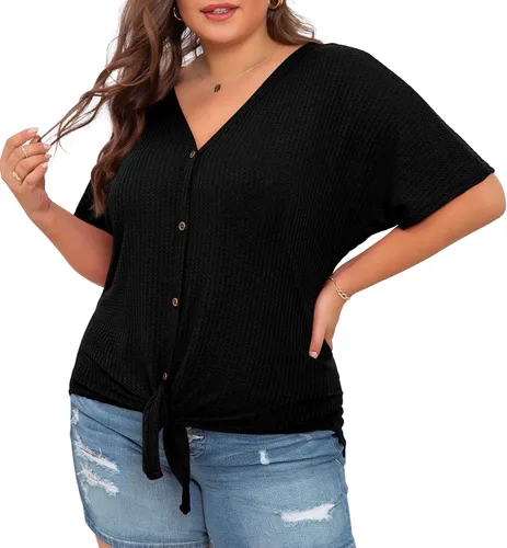 Miniatura 4 de OLRIK Blusa de manga corta con cuello en V para mujer, de punto gofre, con lazo frontal y botones