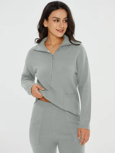Miniatura 6 de DEEP SELF Conjunto de dos piezas para mujer, suéter de manga larga, media cremallera, pantalones deportivos con bolsillos