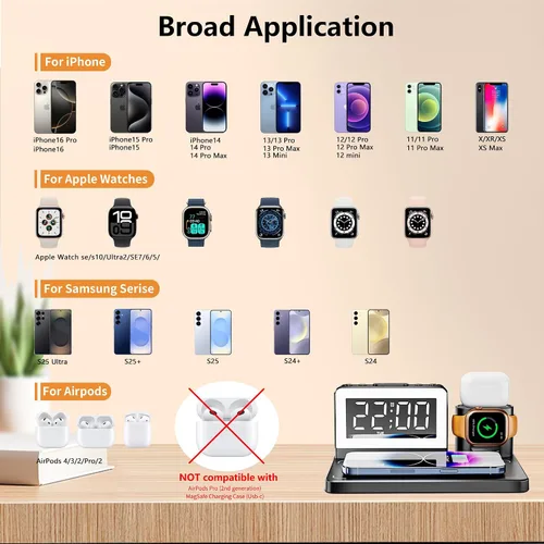 Miniatura 4 de Estación de carga rápida inalámbrica, reloj despertador 7 en 1 con soporte de cargador inalámbrico, base de carga para Apple, para múltiples