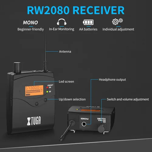Miniatura 3 de XTUGA RW2080 - Sistema de monitoreo inalámbrico en el oído con 6 Bodypacks, Sistema IEM de diseño mono UHF de doble canal con 40 frecuencias, 91