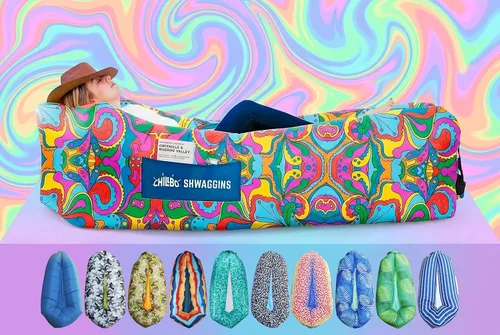 Miniatura 11 de Chillbo Inflatable Couch – Unique Designs - No-Pump Setup, Ripstop Polyester, Stability Pegs, Fun Prints - Portable Air Inflatable Lounger for Azul