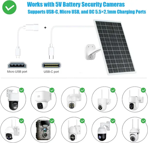 Miniatura 5 de Panel Solar de 13W para Cámaras de Seguridad al Aire Libre, USB-C, Micro USB y Salida DC de 5.5x2.1mm, Montura de 360°, Resistente al Agua IP66