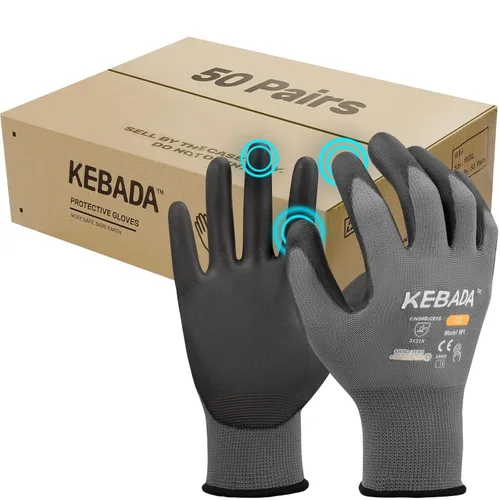 Miniatura 15 de Kebada Guantes de trabajo de seguridad, paquete de 120 pares a granel, pantalla táctil, revestimiento de poliuretano, ideales para almacén, Negro