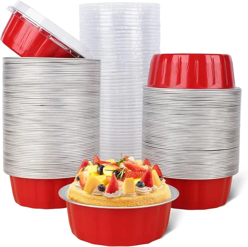 Miniatura 81 de Beasea Ramequines con tapas, 8oz 50 unidades de tazas de aluminio desechables para hornear, tazas de papel de aluminio plateado para creme brulee