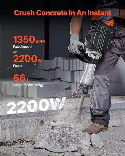 Miniatura 2 de VEVOR Martillo de demolición Jack Hammer, MAX 2200W Martillo eléctrico resistente, rompedor de concreto 1350 BPM 2 piezas de cinceles para astillas