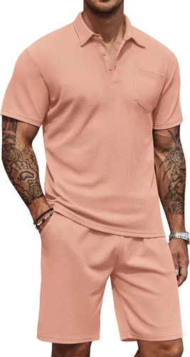 Miniatura 32 de COOFANDY Conjunto de camisa polo y pantalones cortos de punto gofre para hombre, conjunto de 2 piezas, traje de verano casual con bolsillos