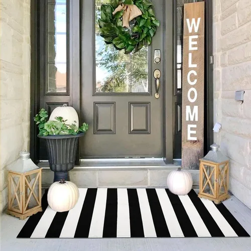 IOHOUZE Alfombra a Rayas Blanco y Negro - 2x4.3 Tapetes para Puerta Delantera Exterior, Alfombra Lavable para Decoración de Porche Delantero, negro