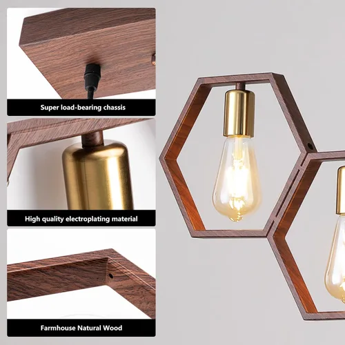 Miniatura 5 de Iluminación industrial de isla de cocina de 5 luces, lámparas rústicas para comedor, lámpara de granja, lámpara colgante de techo de madera