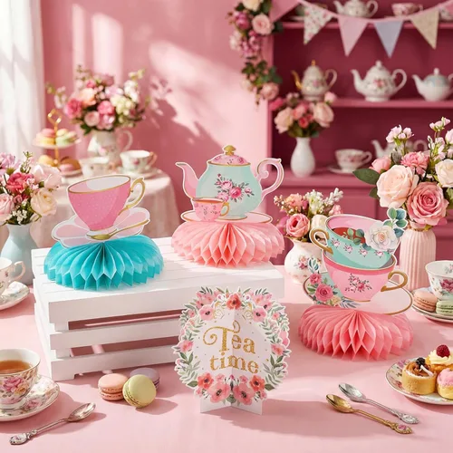 Miniatura 4 de 12 piezas de decoración de fiesta de té, tetera floral, centros de mesa de panal de abeja, decoración de mesa de fiesta de té para princesa