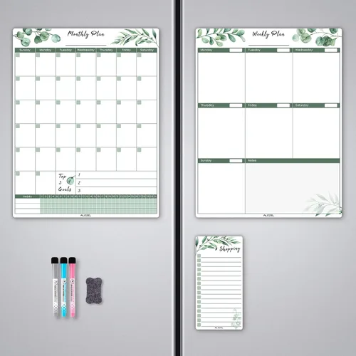ALEZEL Calendario magnético para refrigerador, set de calendario para refrigerador de borrado en seco con plantas (3 tablas) - Pizarra blanca