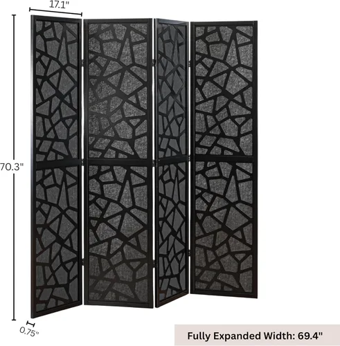 Miniatura 6 de Roundhill Furniture Aurra - Divisor de habitación de madera de 4 paneles, pantalla de división portátil plegable, pantalla negra con marco negro