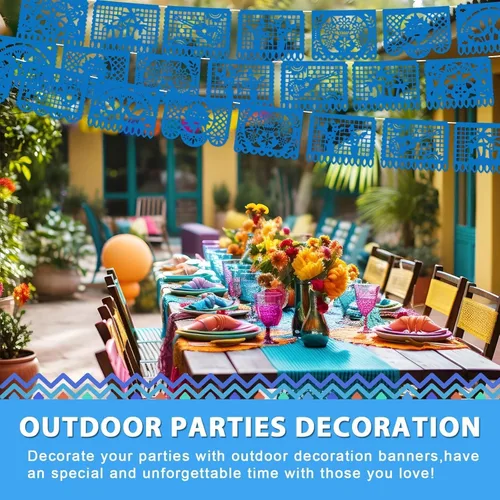 Miniatura 7 de Paquete de 6 pancartas de papel picado azul para fiesta mexicana, boda, fiesta, día de los muertos, Cinco de Mayo, decoración de México, papel