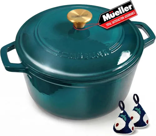 Mueller DuraCast Olla Holandesa de Hierro Fundido Esmaltado de 6 Cuartos con Tapa, Resistente, Segura para Horno hasta 500° F y Todas las Esmeralda