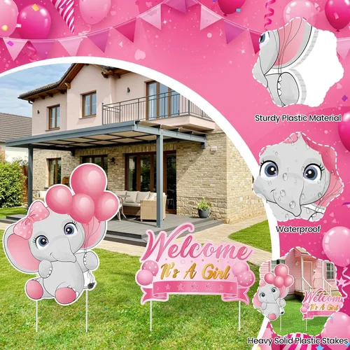 Miniatura 4 de 2 piezas de señal de jardín para baby shower con estaca, señal de revelación de género rosa, elefante, decoración de césped, bienvenida, es una