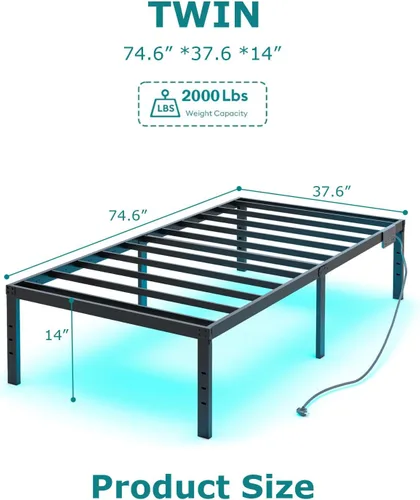 Miniatura 2 de YORMDMO Marco de cama individual de 14 pulgadas, marco de cama de metal con luces LED, plataforma de listones de acero básico resistente, enchufes