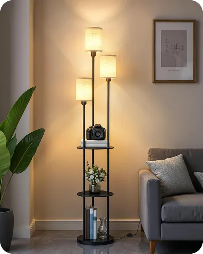 Miniatura 13 de Lámpara de pie de 180 cm con estantes, lámpara de pie moderna con 3 pantallas de lino y interruptor de pie, lámpara de pie de 3 luces, para sala