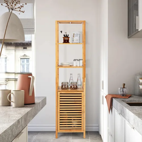 Miniatura 4 de LOKO Gabinete alto de bambú, gabinete de almacenamiento estrecho para baño con estantes de 3 niveles y puerta de obturador, gabinete de torre