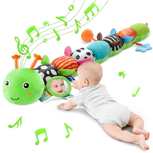Juguetes para Bebés Sensoriales Musicales Peluche de Animal para Infantes de 0-3-6-12 Meses Tiempo Boca Abajo Recién Nacido, Oruga de Felpa con Verde