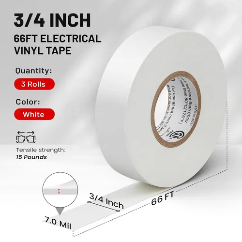 Miniatura 7 de RED WOLF Cinta Eléctrica Blanca 3/4 pulgadas x 66 pies Paquete de 3, Grado Industrial Listado UL/CSA 7 Mil de Grosor Retardante de Llama Alta
