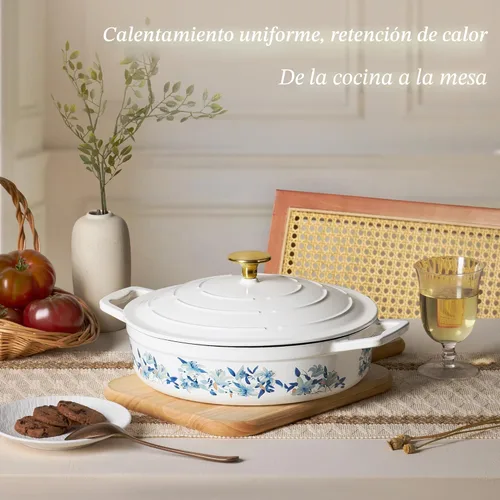 Miniatura 7 de CAROTE Sartén de hierro fundido esmaltado de 3.5 cuartos de galón, sartenes florales poco profundas para horno holandés, olla de hierro fundido