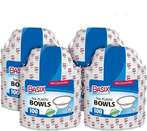 Miniatura 14 de Basix [100 unidades] Cuencos desechables de plástico blanco de 5 onzas para postre, aptos para microondas, ideales para la escuela, comida