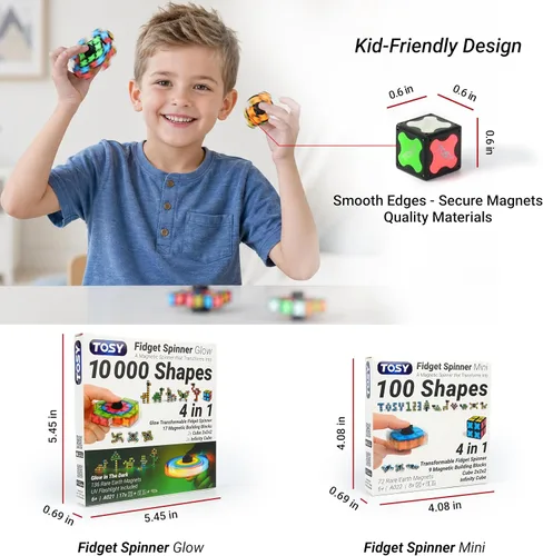 Miniatura 9 de TOSY Spinner Fidget Magnético que Brilla - 16 Bloques, Juguete 3 en 1: Spinner Fidget Transformable, Cubo Infinito/Rompecabezas, Brillante, Rellenos