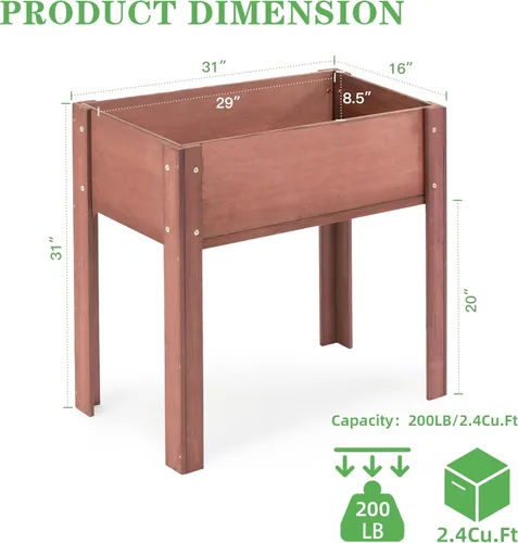 Miniatura 3 de Cama de jardín elevada con patas (31 x 16 x 31 pulgadas), maceta elevada de madera maciza para exteriores Marrón