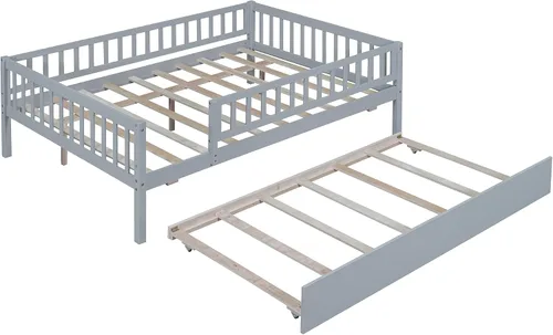 Miniatura 6 de P PURLOVE Sofá cama matrimonial con nido, marco de sofá cama con barandillas de valla, sofá cama de madera para niños, niñas y adolescentes jóvenes