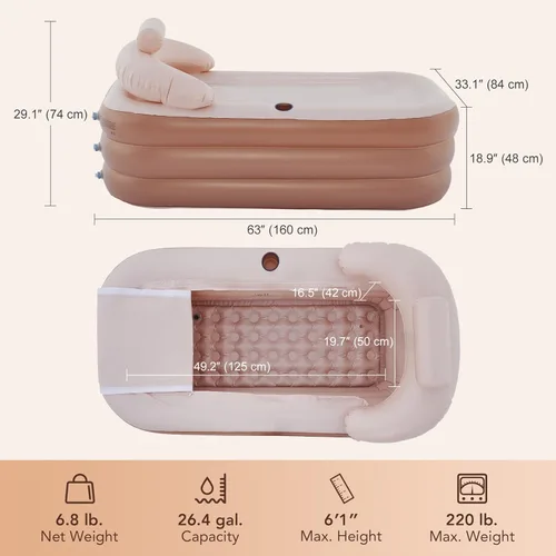 Miniatura 3 de CO-Z Bañera inflable con bomba de aire eléctrica y almohada reposacabezas para baño, bañera inflable portátil para adultos, bañera de spa Marrón