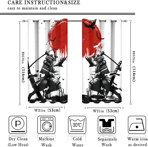 Miniatura 2 de Cortinas opacas samuráis japonesas para dormitorio, tinta de acuarela, espada samurái, estampado de sol rojo, ojales, aislamiento térmico, cortinas