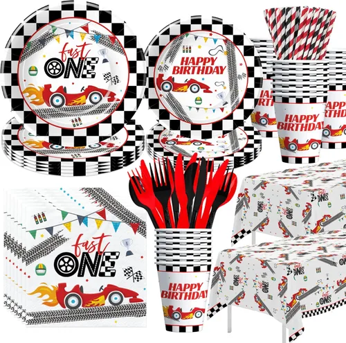 Xigejob Suministros para fiesta de primer cumpleaños de coche de carreras, decoración rápida de un cumpleaños, vajilla, plato de papel, servilleta,