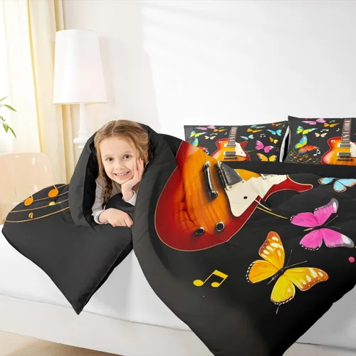 Miniatura 5 de Erosebridal Juego de ropa de cama de guitarra, juego de edredón de notas musicales de mariposa, tamaño individual, juego de edredón de música hip