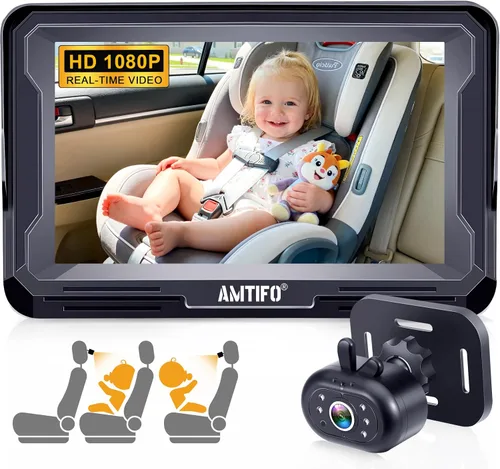 AMTIFO Cámara para Bebé de Coche Fácil Instalación: Visión Nocturna Clara 2 Minutos Plug-Play Cámara de Asiento Trasero Rotación 360° Monitor de