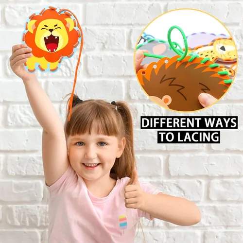 Miniatura 4 de Paquete de 12 tarjetas de encaje de animales de la selva, kits de costura para niños, león, animales salvajes, cartón, tarjetas de costura de doble