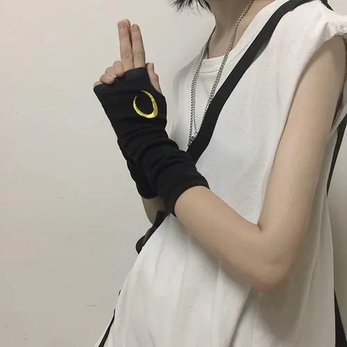 Miniatura 3 de Guantes góticos para mujer, sin dedos, punk, ninja, luna, sol, rayo bordado
