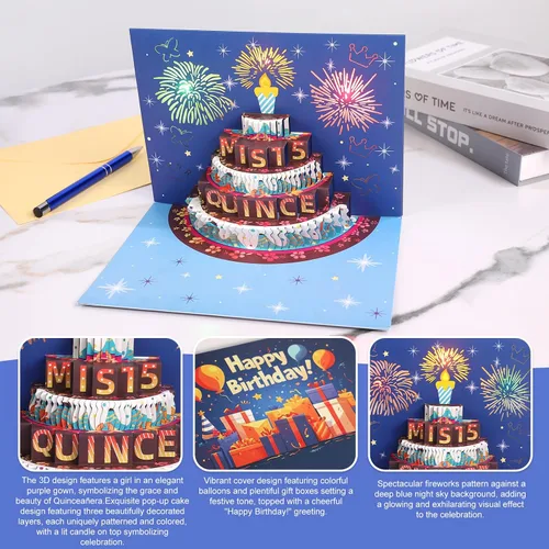 Miniatura 3 de Rotel Tarjeta de quinceañera, luz de pastel emergente y música, tarjeta de feliz cumpleaños 15 para regalos de quinceañera, tarjetas