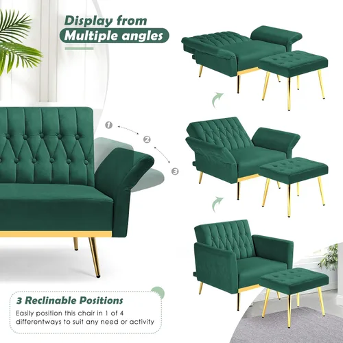 Miniatura 4 de Silla decorativa de terciopelo con respaldo y reposabrazos ajustables, sillón reclinable individual con otomana y patas mentales doradas para sala