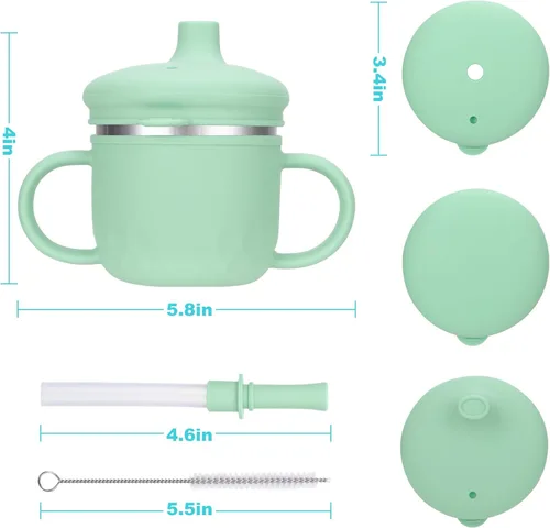 Miniatura 2 de BUSOHA Vasos para sorber de acero inoxidable para niños de más de 6 meses, 3 en 1, taza para sorber de silicona para niños pequeños con cepillo